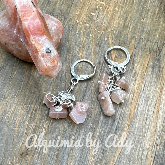 Gray moonstone silver wire cowgirl triangle hoops bohemian long earrings charms - Picture 7 of 8